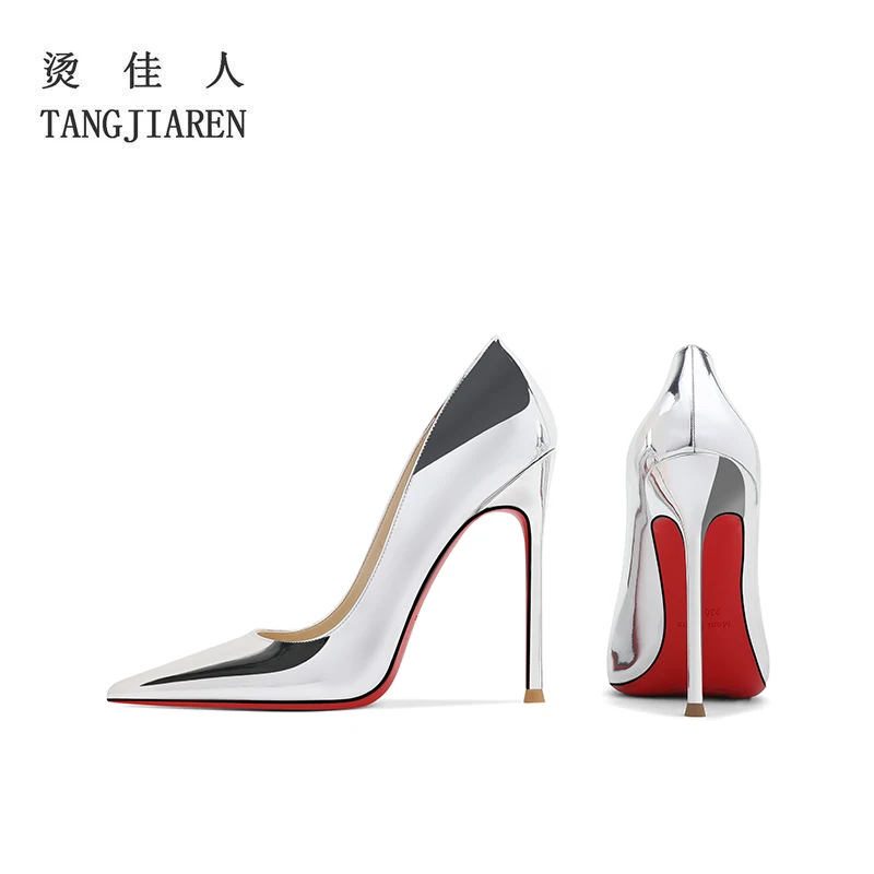 Silver high heels, women's thin heels, new shallow mouthed pointed single shoes, patent leather, large red soled banquet shoes