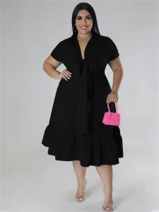 Wmstar Plus Size Dresses for Women Summer Bandage Bow Tie Solid V Neck Ruffles Hem Elegant New Maxi Dress Wholesale Dropshipping - Image 6