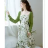 Women Summer Chic Green Dress 2023 Korean Lady Graceful Print Camisole Dress Knit Shirt 2 Piece Set Sunscreen Tops Dresses Suits - Image 2