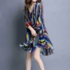 Summer Contrasting Colors Open Stitch Blouse Asymmetrical Printed Women's Clothing Loose Casual Stylish Irregular Hem Midi Shirt - Image 4