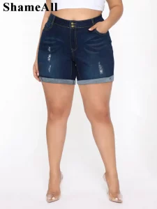 Plus Size Streetwear Push Up Slim Hip Cuffed Short Jeans 3xl 4xl Summer Korean Holes Women Ripped Casual Denim Shorts - Image 2