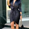 Long Sleeve Elegant Skinny Office Lady Mini Dress For Women Sexy deep V-neck Black Package Hip Bodycon Dresses Casual Robe