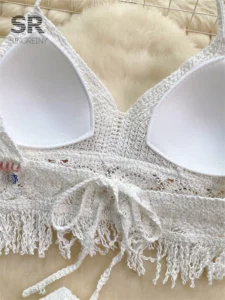 SINGREINY Knit Bikini Two Piece Set Women Summer Backless Tassel Sequins Camisole Mini Skirt Retro Fashion Vacation Beach Suit - Image 4