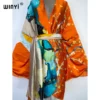 2022 WINYI Summer Beach Wear Swim Suit Cover kaftan sweet lady boho Cardigan stitch Self Belted sexy Holiday long Sleeve Kimono - Image 4