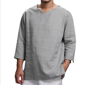 Cotton Linen Hot Sale Men's Long-Sleeved Shirts Summer Solid Color Stand-Up Collar Casual Beach Style Plus Size Linen Man Tops - Image 4