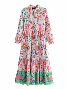 Foridol Paisley Print Shirt Dress Elegant Autumn Spring Green Dress Floral Print Boho Female Maxi Dress Long Sleeve Dress 2024 - Image 5