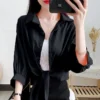 Fashion Lapel Button Solid Color All-match Bandage Bow Shirt Female Clothing 2023 Summer New Casual Tops Oversized Korean Blouse - Image 4