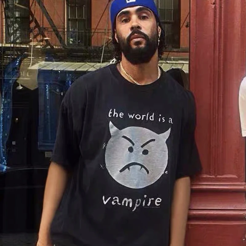 Frog drift Vintage Style Streetwear Fashion Brand Rock Vampire Logo printing Worn out Retro Oversized T-SHIRT Tee Tops for Men
