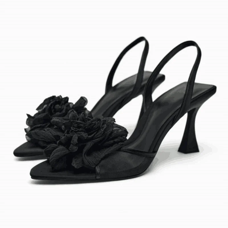 TRAF Sexy Black Heels Women Summer Party Pointed Toe High Heeled Sandals Elegant Floral Slingback Pumps Fashion Stiletto Shoes