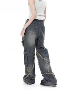 New women star stitching tassel pants American retro high street jeans loose wide leg pants trendy punk y2k pants - Image 3