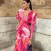 Elegant Print Pleated V Neck Contrast Maxi Dress Women Chic Long Sleeves Bodycon Vestidos 2024 Spring Summer Lady Party Dresses