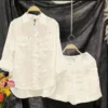 Fashion White 2 Piece Set For Women Long Sleeve Shirt And Shorts Two Piece Suit Women 2024 Summer Cotton Linen Casual Home Sets - Image 2