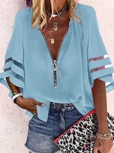 2023 Summer Shirt Sexy Lace Patchwork Flared Sleeve Mesh Solid Blouse Women Zipper V-Neck Loose Casual Tops T-Shirt Streetwear - Image 2