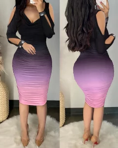 Autumn Elegant Cold Shoulder Party Tight Dress Women Fashion V-Neck Hollow Out Diamond Long Sleeve Ruched Bodycon Dress Woman - Image 3