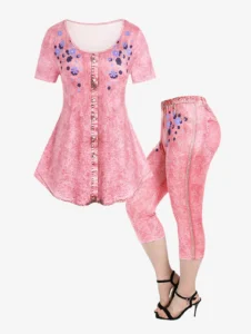 ROSEGAL Plus Size 3D Printed Tee And Capri Leggings Matching Set Size Is Too Large Butterfly Floral Pattern Women Outfits - Image 3