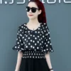 Elegant Ruffles Spliced Shirring Polka Dot Blouse Women's Clothing 2023 Summer New Casual Pullovers Korean Flare Sleeve Shirt - Image 3