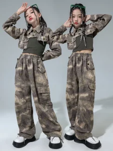 Hip Hop Girls Camouflage Cropped Jacket Cargo Pants Street Dance Clothes Set Kids Jazz Military Joggers Costume Child Streetwear - Image 3