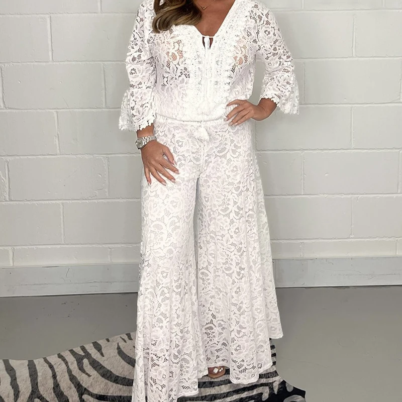Spring Embroidery Hook Flower Hollow Crochet Set Women 2 Pieces V Neck Tie-up Tassel Top Wide Leg Pants Outfits Sexy Summer Suit