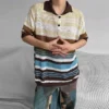 Streetwear Mens Vintage Polo Shirts Short Sleeve Loose Button Lapel Knitted Polos For Men Fashion Striped Knitting Pullover Tee - Image 2
