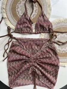 Women Swimsuit Colored Maple Leaves Knitted Bikini Skirt Three-Piece Set Split Swimsuit Bikini - Image 3
