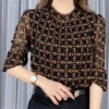 2024 Spring Autumn Commute Half High Collar Plaid Fashion Printed T-shirt Patchwork Female Clothing Long Sleeve Gauze Pullovers - Image 4