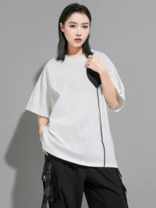 [EAM] Women White Pattern Brief Big Size Casual T-shirt New Round Neck Half Sleeve Fashion Tide Spring Autumn 2024 - Image 3