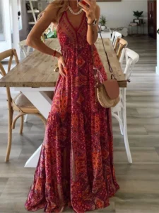 Women Fashion Boho Vintage Maxi Dress Loose Print Deep V Neck High Waist Dresses Spaghetti Strap Summer Retro Vestidos Clothes - Image 6
