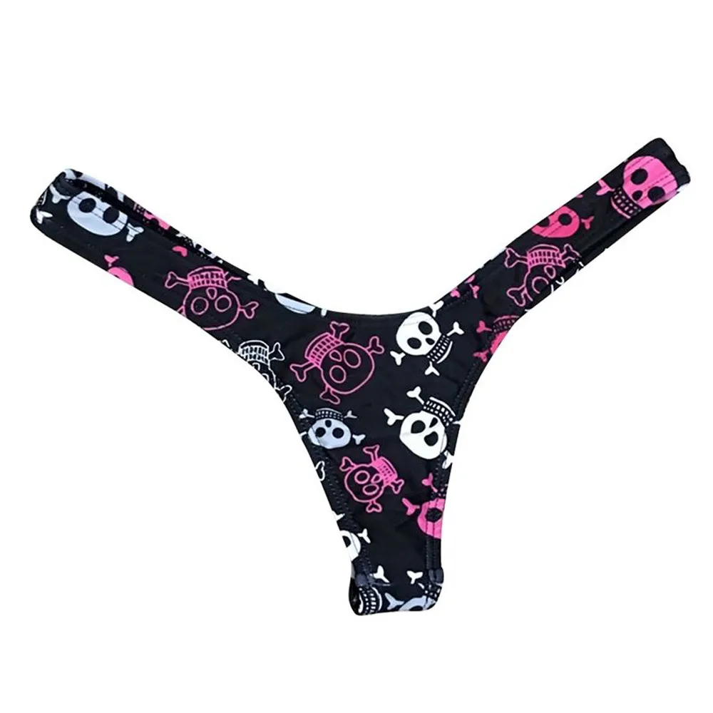 Skull Print Women Sexy Swimsuit Thong Brief Polyester Colorful Design Bow Bikini Bottom Beach Swimwear Female Bandeau Thong new