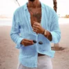 Cross-border 2024 new men's spring/summer cotton and linen lapel beach shirt long sleeve solid color holiday clothing - Image 3