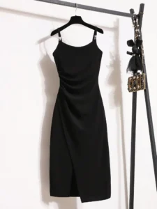Solid Color Strap Dress 2023 New Summer Women's Large Off Shoulder Irregular Pleated Split Skirt Slim Mid Length Underlay Dress - Image 2