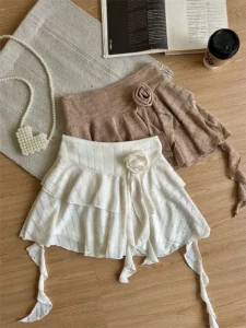 2000s Aesthetics Sweet Outfits 2 Piece Skirt Set Slash Neck Crop Tops 3D Flower Ruffle Pleated Skirt Summer Fashion Gyaru Kpop - Image 4