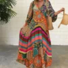 Charming Long Dress V-Neck Comfortable Retro Ethnic Print Large Hem Beach Long Dress Anti-fade Maxi Dress Female Clothes - Image 6