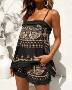 Women Two Piece Outfits 2022 Wome Tribal Print Tassel Trim Halter Top & Vintage Shorts Set - Image 3