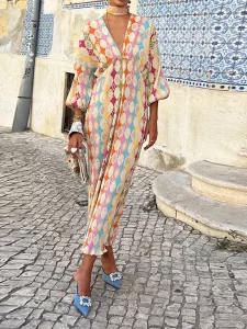 Ribbed Multiful Printed V-neck Backless Long Dresses Fashion Women High Waist Mermaid Dress Female Elegant Vacation Maxi Robes - Image 5