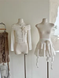 2000s Aesthetics Sweet Outfits 2 Piece Skirt Set Slash Neck Crop Tops 3D Flower Ruffle Pleated Skirt Summer Fashion Gyaru Kpop - Image 3