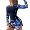 Two-piece Swimsuit Floral Print Long Sleeve Swimsuit Set for Women with Drawstring Elastic Waist Shorts Quick Dry for Surfing - Image 2