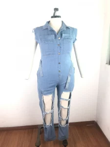 Womens Jeans Plus Size Streetwear One Piece Suit with Sash Denim Elegant Oversized Ripped Jumpsuit Wholesale Bulk Dropshipping - Image 3