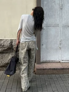 American Washed Leopard Print Wide Leg Jeans for Women Retro Street Distressed New Harajuku Style Hottie Baggy Y2K Casual Pants - Image 5