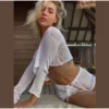 2023 New Sexy Beach Crop Top Shorts Sets Women Knit Long Sleeve Lace Up Female Suit Summer Holiday See Through 2 Piece Set - Image 3