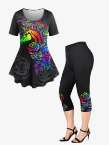 ROSEGAL Plus Size 3D Printed Tee And Capri Leggings Matching Set Size Is Too Large Butterfly Floral Pattern Women Outfits - Image 5