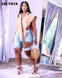 CM.YAYA Plus Size Women Ripped High Waist Knee Length Zipper Fly Jeans 2022 New Summer Sky Blue Denim Shorts - Image 2