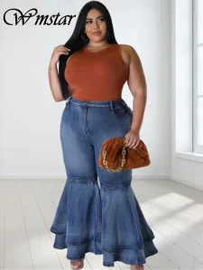 Plus Size Jeans Women Casual High Waist Flare Flared Pants Bottom Ruffled Hem Fashion Denim Streetwear Wholesale Dropshpping - Image 4