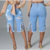 Plus Size Streetwear Ripped Tassels Stretchy Skinny Knee Length Jeans 3XL Mom Destroyed Holes Denim Pants Sexy 3/4 Capris Jean - Image 4