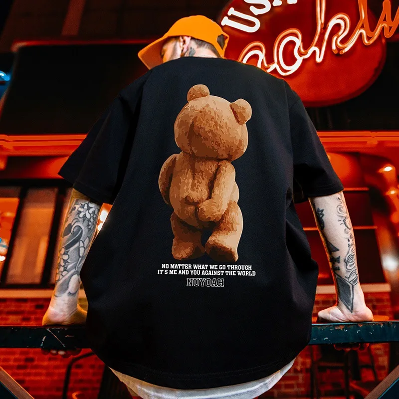 Hip Hop Oversize T Shirt Men 2023 Streetwear Harajuku Cartoon Bear Tshirt Short Sleeve Cotton Loose HipHop T-Shirt Plus Size 5XL