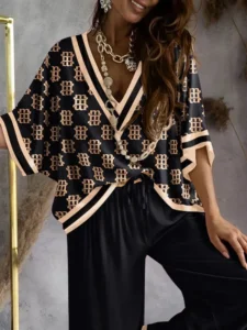 Sexy V Neck Midi Sleeve Shirt Pants Set Spring Summer Fashion Print Blouse Solid Trousers Two Piece Sets For Women Outfit 2024 - Image 2