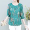 Casual Fashion Vintage Floral Printed Thin T-shirt Summer Autumn 2024 New Half Sleeve O-Neck Loose Pullover Tops Ladies Clothing - Image 2