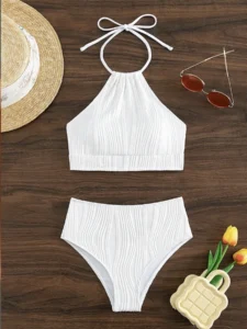 Vigoashely 2024 Ribbed Push Up Bikini Set High Wihst Halter Tied Swimsuit For Women Summer 2 Piece Beach Swimwear Bathing Suit - Image 3