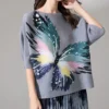 Colorful butterfly printed pleated short top gray T-shirt for women chinese style clothes dress sleeves for women - Image 3