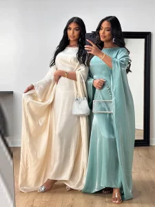 Shinny Satin Dress Women Loose Long Batwing Sleeve O-neck A-line Casual Dresses Female 2024 Spring Fashion Party Robe - Image 3