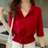 Summer Women All-match Solid Turn-down Collar Half Sleeve Chiffon Shirt Fashion Casual Shirring Single-breasted Blouses Female - Image 3